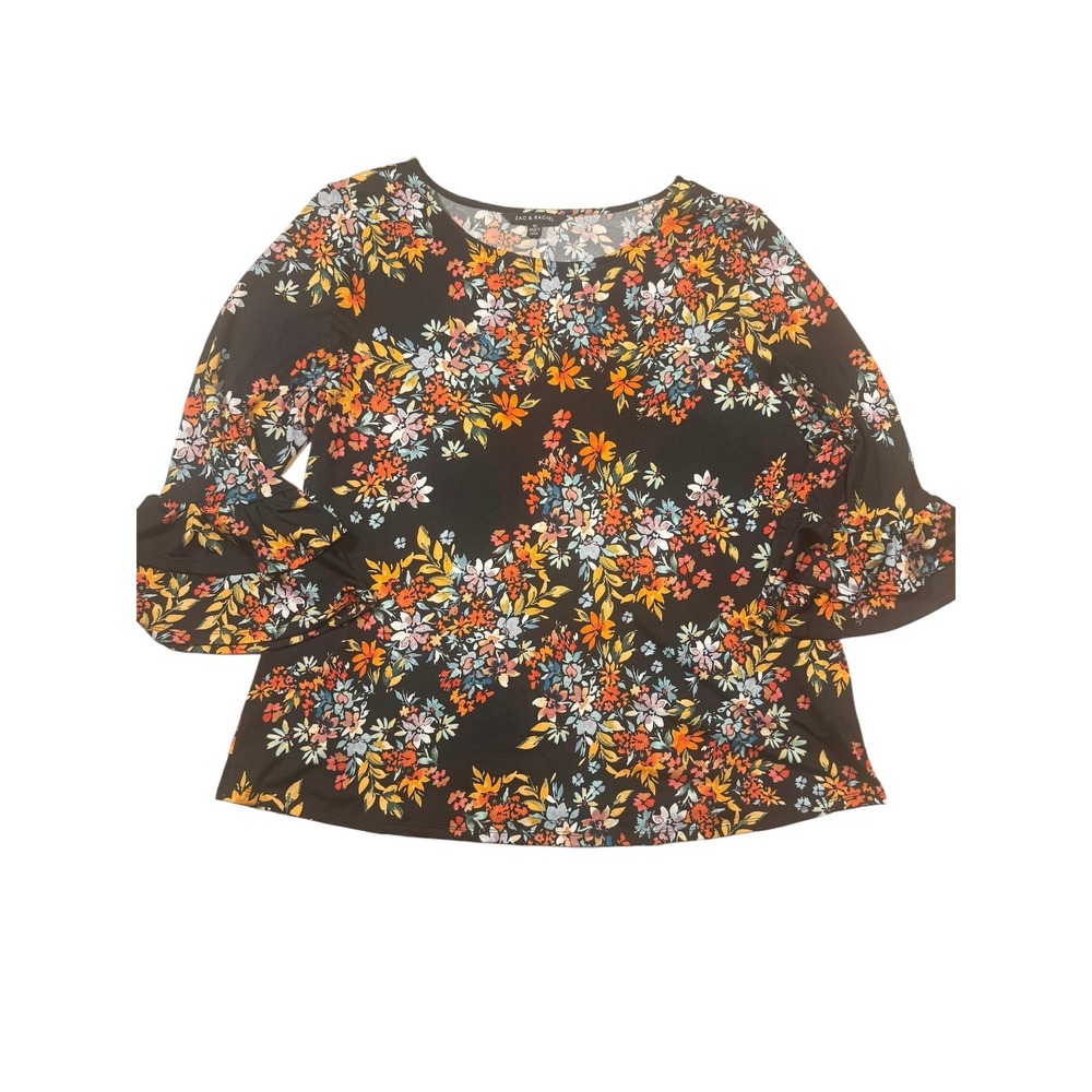 Zac & Rachel Womens XL Black Floral 3/4 Ruffle Bell Sleeve Knit Blouse Top